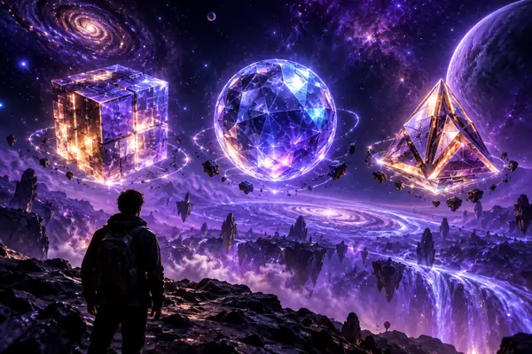深い紫色の宇宙のような背景に、OBJ、GLB、STL形式を表す3つの光る幾何学的な3Dオブジェクト。