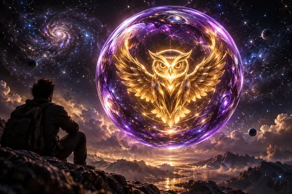 暗い星空を背景に浮かぶ、金色に輝くフクロウの紋章を包み込む光沢のある紫色の球体。