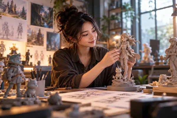 柔らかな光に包まれたスタジオにいるインディーゲームアーティスト、マヤ・チェンのポートレート。