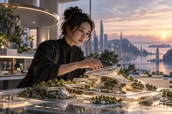 モデルを確認するバーチャルリアリティ建築家、ソフィア・ナカムラのポートレート。