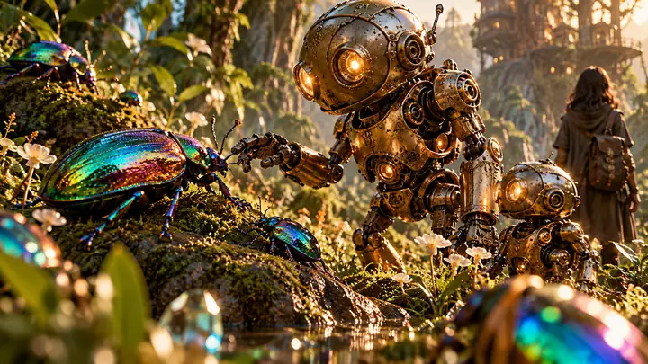 玉虫色の甲虫と真鍮製ロボットの例のサムネイル。