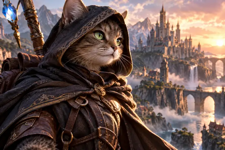 フードをかぶったファンタジー猫キャラクターの例のサムネイル。