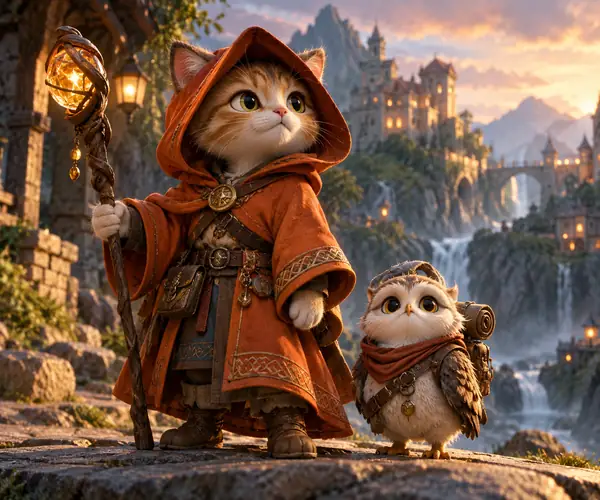 オレンジ色のローブとフードを身に着けたファンタジー猫キャラクター。磨き上げられたゲームレンダーの中で、小さな仲間のそばに立っています。