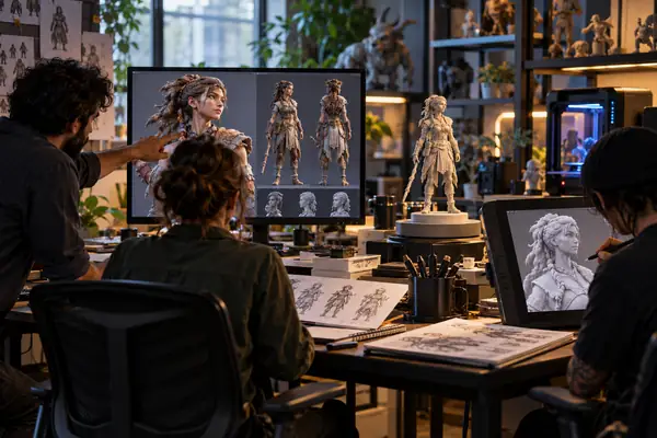 現代的なスタジオで、モニター上のキャラクターモデル、スカルプティング作業台、3Dプリントを使って作業するクリエイティブチーム。