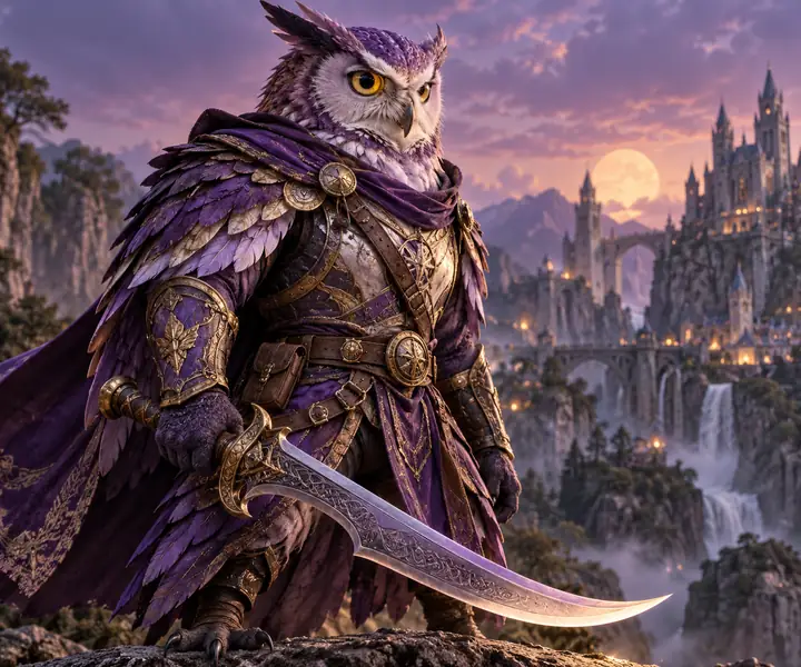 装飾的なファンタジーアーマーをまとい、湾曲した刃を持つ、紫色のフクロウの戦士。完成度の高い3Dキャラクターレンダーとして表現。