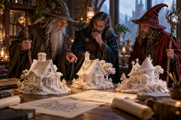 3体の精巧なファンタジー魔法使いのそばに白い彫刻的な小屋モデルを配置し、3D再構成の複数の方向性を示しています。