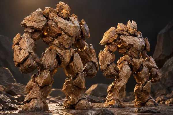 幾重にも重なった石の鎧と光る目を持つ、温かみのある茶色の岩のゴーレムキャラクター2体。スタジオレンダーで表現されています。