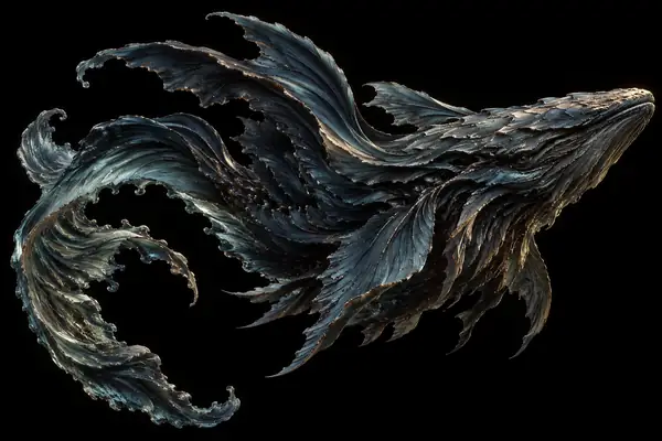 幾重にも重なるひれと渦巻く波で形作られた彫刻的な暗い海の生物。黒い背景に単独で配置されています。