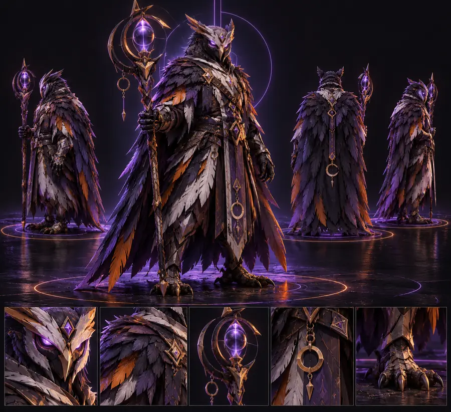 Illustrative owl-warrior reference artwork